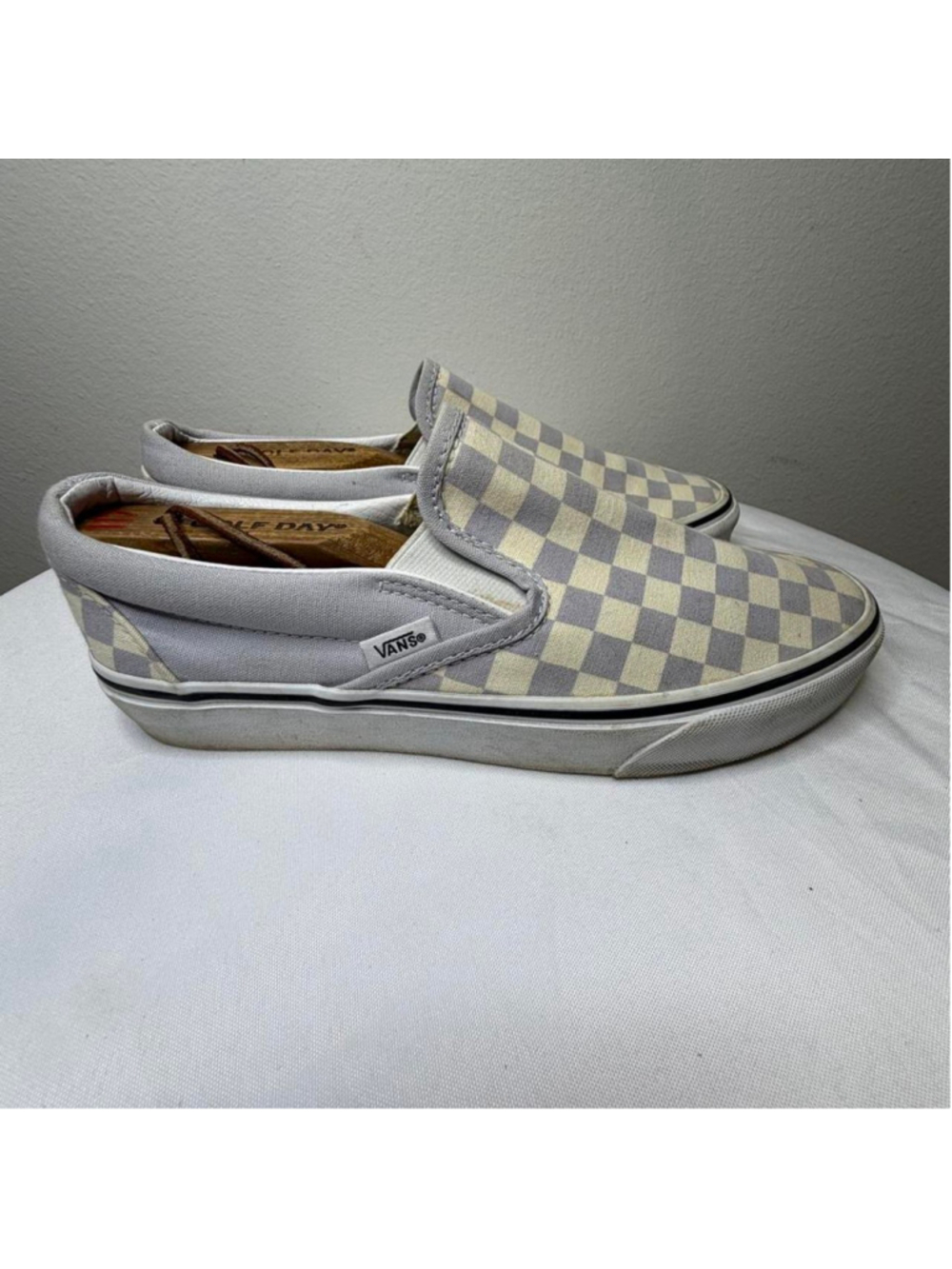 Vans gray and white checkerboard slip-on sneakers #skateboarding #checkerboard